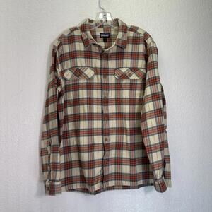 Men’s L Patagonia Flannel Shirt Organic Cotton Rust Cream Blue Chore Barn Soft